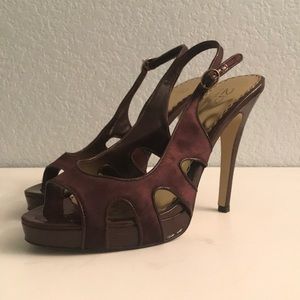 Brown satin and patent 2b Bebe heels 8